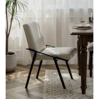 Sunvega Black Powder Coated Metal Base Cream Textured Fabric Upholstered Side Chairs Set of 2