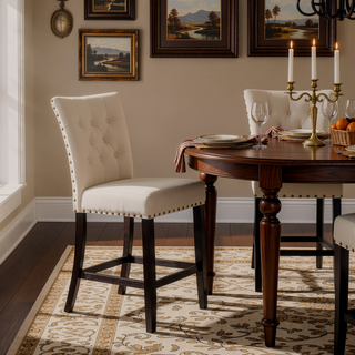 Sunvega Beige Counter Height Chair with Nailhead Trim and Padded Linen Seat