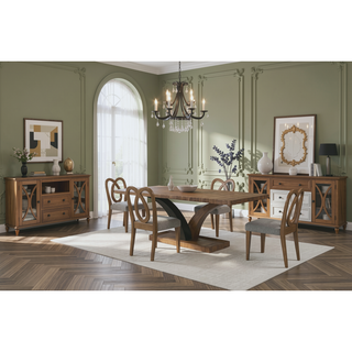 Sunvega Eucalyptus Wood Carved Backrest Chair Set of 2 with Upholstered Seat