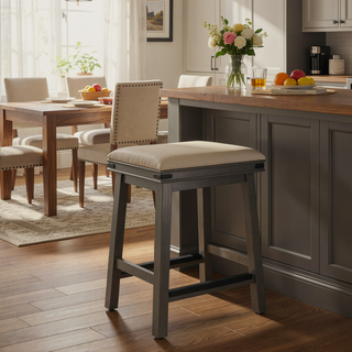Sunvega Antique White Finish Counter Stool with Black Leather Seat