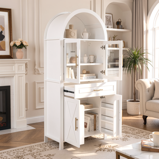 Sunvega Farmhouse Arched Glass Door Pantry Cabinet with Adjustable Shelves for Kitchen