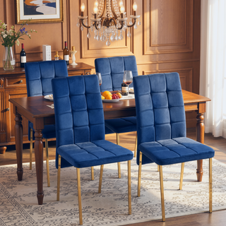 Sunvega Dark Blue Velvet High Back Nordic Dining Chair with Golden Legs Set Of 4
