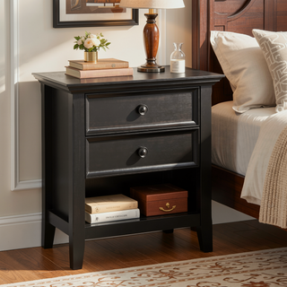 Sunvega Handcrafted Solid Wood Hickory Brown Bedside Table with Two Drawers