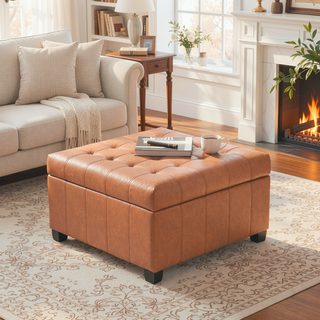 Sunvega Fabric Ottoman with Tufted Waffle Lid and Soft-Closing Hinges for Storage