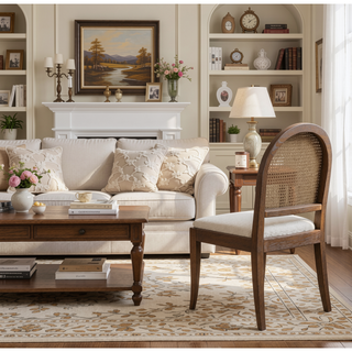 Sunvega Ivory White Boucle Cane Rattan Side Dining Chair Set of 2
