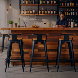 Sunvega Industrial Low Back Barstool Set of 2 in Black Metal and Wood