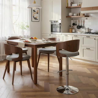 Sunvega Mid-Century Modern Adjustable Swivel Barstool with Walnut Back and Grey Fabric