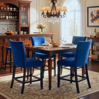 Sunvega Blue Velvet Upholstered Counter Height Chair Set with Chrome Nailhead Trim