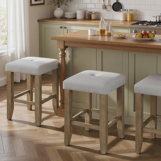 Sunvega Tan Linen & Weathered Oak Finish Counter Height Armless Stool Set of 2