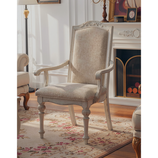 Sunvega Antique White 2pc Arm Chair with Upholstered Seat and Intricate Wood Inlay