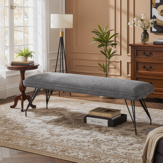 Sunvega Modern Upholstered Dining Bench with Gray Fabric and Hairpin Legs