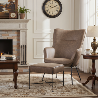 Sunvega Industrial Faux Leather Lounge Chair and Ottoman Set with Sleek Black Metal Legs