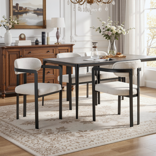 Sunvega Modern Mid-Century Upholstered Boucle Dining Chairs Set of 2 with Black Metal Legs
