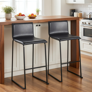 Sunvega Modern Black Faux Leather Barstools with Metal Base and Footrest Set of 2