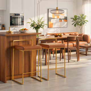 Sunvega Gold and Camel Faux Leather Upholstered Stackable Counter Stool Set of 2