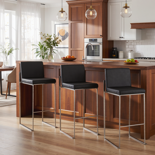 Sunvega Contemporary High Back Barstool Set of 3 with Faux Leather Upholstery