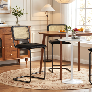 Sunvega Counter Height PU Leather Bar Stools with Rattan Back and Cantilever Design
