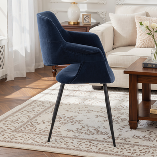 Sunvega Black Metal and Blue Velvet Glam Art Deco Chair with Cushioned Seat Set of 2