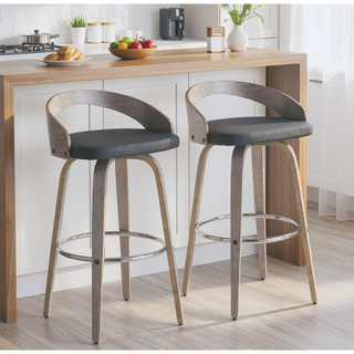 Sunvega Mid-Century Modern Barstool with Light Grey Wood and Black Faux Leather Swivel Seat