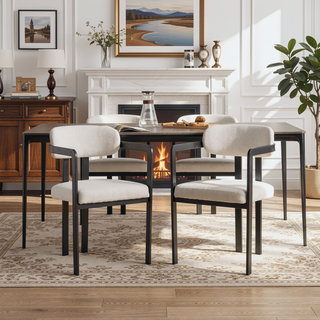 Sunvega Modern Mid-Century Upholstered Boucle Dining Chairs Set of 2 with Black Metal Legs