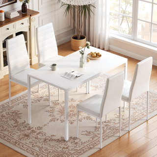 Sunvega Set of 4 Modern White PU Leather Upholstered Dining Chairs with Metal Frame