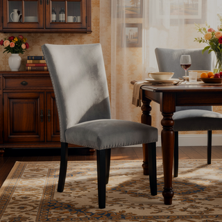 Sunvega Light Gray Flannelette Dining Chairs with Nailhead Trim and Black Wood Legs