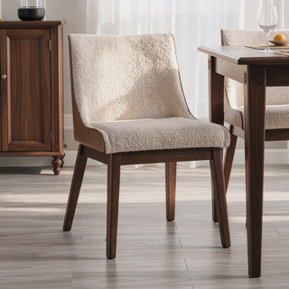 Sunvega Mid-Century Modern Walnut Beige Curved Panel Back Side Chair with Padded Seats