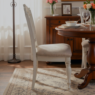 Sunvega Antique White Victorian Style Desk Chair with Gray Upholstered Cushioned Seat