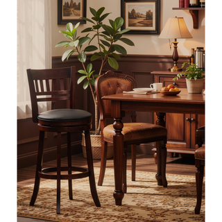 Sunvega Dark Cherry Finish Solid Wood Bar Chair with 360-Degree Swivel and Footrest