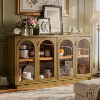 Sunvega Arched Glass Door Storage Buffet Cabinet with Adjustable Shelves for Kitchen Dining Room