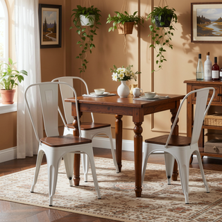 Sunvega High Gloss White with Walnut Wooden Seat Industrial Metal Dining Chairs Set of 2
