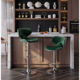 Sunvega Green Velvet Upholstered Adjustable Swivel Barstool with Footrest, Set of 2