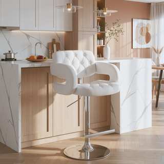 Sunvega Adjustable Bar Stool with Upholstered Seat and Pedestal Base in White Finish