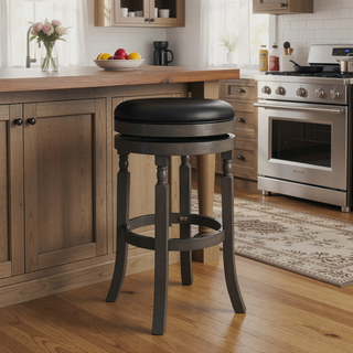 Sunvega 30 Inch Bar Stool with Weathered Gray Finish and Beige Fabric Seat