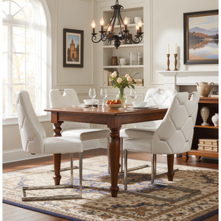 Sunvega White Faux Leather Dining Chairs Set of 2 with Gold Mesh Texture and Chrome Handle