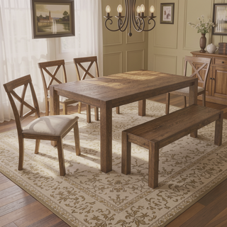 Sunvega Antique Oak Wood Dining Chair Set with Open X Back and Padded Cushion