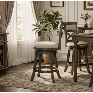 Sunvega 24 Inch Counter Height X-Back Swivel Stool with Beige Fabric Seat and Cherry Finish