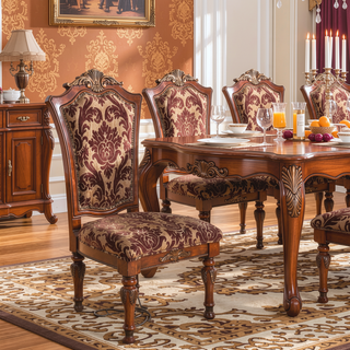 Sunvega Brown Cherry Formal Dining Room Side Chairs with Floral Fabric Seats