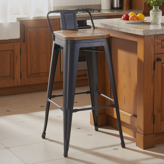 Sunvega Industrial Low Back Barstool Set of 2 in Black Metal and Wood
