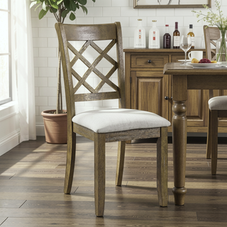 Sunvega Farmhouse Lattice Back Side Chairs in Beige and Rustic Oak Set of 2
