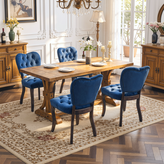 Sunvega French Vintage Tufted Upholstered Fabric Dining Chair Set of 2 Blue