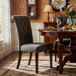 Sunvega Sand and Rustic Espresso Tufted Side Chairs with Rolled Backrest and Padded Seat
