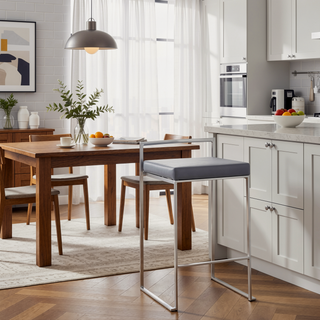Sunvega Contemporary Stackable Counter Stool with Grey Faux Leather and Brushed Stainless Steel