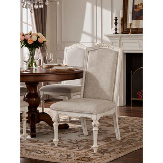 Sunvega Antique White Upholstered Seat Side Chair with Intricate Wood Inlay Detail