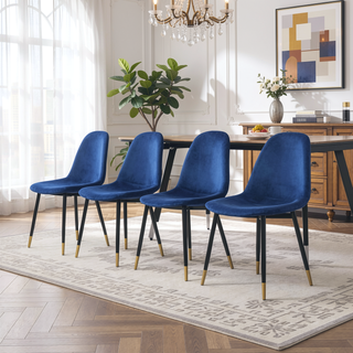 Sunvega Mid-Century Inspired Blue Velvet Dining Chairs Set with Metal Legs