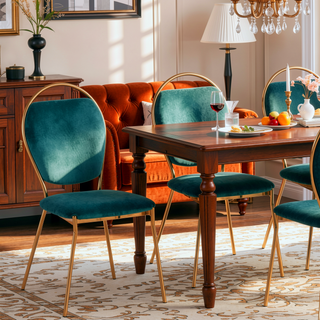 Sunvega Keyhole Design Gold Metal Frame and Green Velvet Upholstery Dining Chair Set