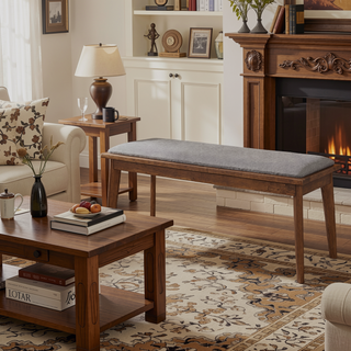 Sunvega Upholstered Dining Bench with Walnut Finish and Flat Tapered Legs
