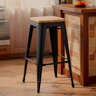 Sunvega Oregon Contemporary Bar Stool in Black Steel and Natural Wood Set of 2
