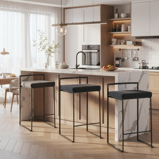 Sunvega Black Metal Stackable Counter Stool with Black Velvet Cushion Set of 3