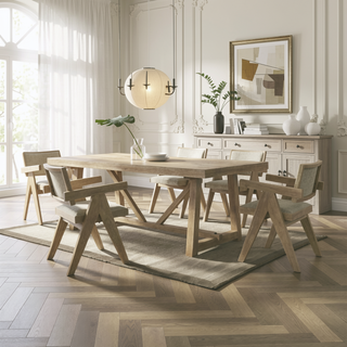 Sunvega Farmhouse Style Light Oak Wood Frame Upholstered Armchair Set for Dining Room